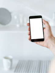 Online communication. Digital mockup. Virtual life. Male hand holding smartphone with blank screen in light room interior blur.