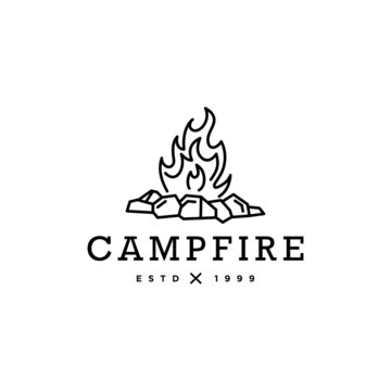 camping fire logo design, hot campfire logs on outline line style vector illustration. Vintage simple line of camping flame for party poster and banner