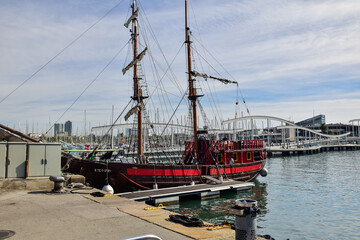 Barcelona, Spain - 3 October 2019: a historic sailing boat in the port of Barcelona
