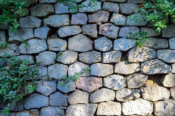Fragment of stone wall in a park, Barcelona, Spain.