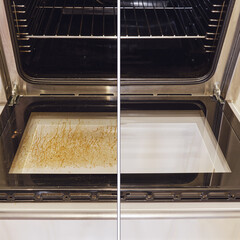 Dirty and clean oven, before and after cleaning and washing the stove glass. Washed grease on the...