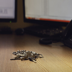 A bunch of keys to the room lies on an office desk with computer monitors
