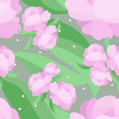 Seamless pattern with pale pink peony flowers and green leaves on pastel background. Soft delicate botanical floral print with garden plants. Vector graphics in vintage natural style for fabric, paper
