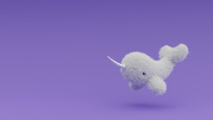Fur white narwhal isolated on purple background. Cute furry sea unicorn. Cartoon baby whale with horn. 3d rendering illustration.