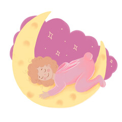 The baby sleeps sweetly on the month. Hand drawn illustration.