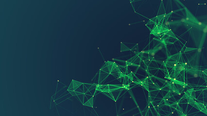 Abstract background with green moving lines and dots. Network connection. Internet connection worldwide. The concept of big data. 3d rendering.