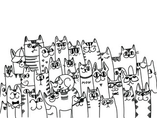 Cats background vector. Cute cartoon cats vector doodle hand drawn background