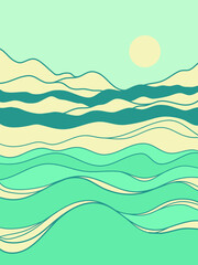 Nature landscape abstract with Sea waves vintage horizone seascape. Sea minimalist modern line art blue 
landscape illustration poster background