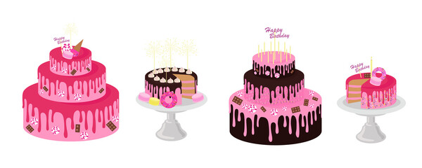 Set of cakes with different filling in cartoon style. Vector illustration of delicious and appetizing homemade cakes of different species for birthdays and weddings.