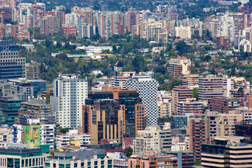 Aerial view of Santiago business center from San Cristóbal Hill, Chile