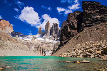 Torres del Paine National Park in Patagonia Chile. Turquoise water lake in fron of the Torres...