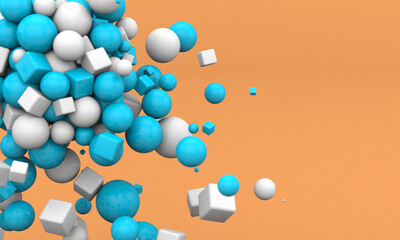 White and blue geometric 3d shapes on orange background. Abstract 3d illustration