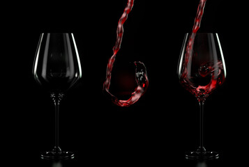 Set of red wine glasses on black background. 3d render illustration