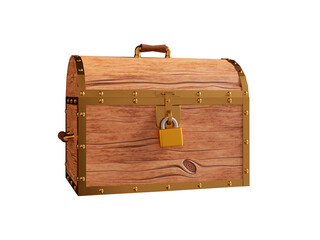 Closed wooden open chest with a gold rim. 3d rendering illustration on white isolated background.