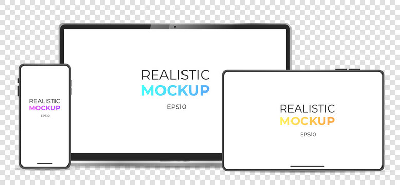 Realistic device mockup. Laptop, phone, tablet with white screen in realistic style. Digital devices screen template. Vector illustration