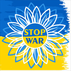 A hand-drawn vector and highlighted on a white background is a Ukrainian flag with an inscription in national colors with a call to stop the war. The armed conflict in Ukraine must be stopped