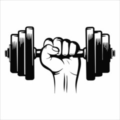 Vector hand drawn silhouette of strong hand lifting up steel dumbbell isolated on white background. Template for sport icon, symbol, logo or other branding. Modern retro illustration.