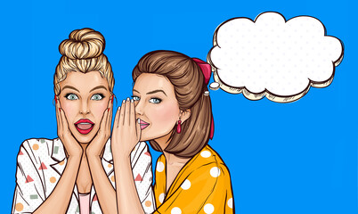 Pop art beautiful girl share gossips or secrets. Lady talking her friend about sale announcement. Young woman whispers to the ear of surprised blonde with wonder emotion face on blue background. - obrazy, fototapety, plakaty