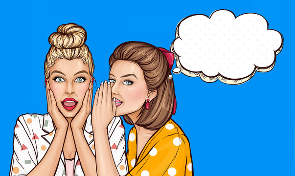 Pop art beautiful girl share gossips or secrets. Lady talking her friend about sale announcement. Young woman whispers to the ear of surprised blonde with wonder emotion face on blue background.