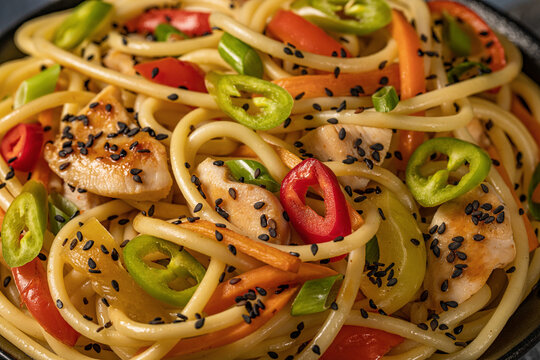 Chicken Noodles and vegetables or Chow Mein.Close-up.Selective focus.