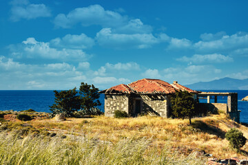 Fototapeta na wymiar A fig tree standing by the sea in Foça, İzmir, and an old stone house and a water well next to it. An animation of an Aegean town.