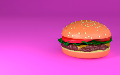 3d illustration, hamburger, fuchsia background, copy space, 3d rendering