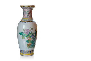 antique colorful and white ceramic flower and animal vase on white background, object, decor, template, copy space