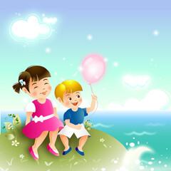 Happy kids at the seaside with a balloon