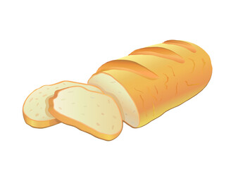 A half of white wheat bread and slices of sliced white bread on an isolated white background in a vector. Food and bakery products. Carbohydrates. White bread. Vector illustration.