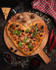 Wooden board with tasty heart-shaped pizza with ingredients on black background. Valentine's Day celebration.