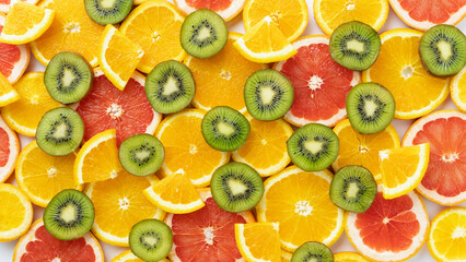 Fruity summer citrus background. Oranges, grapefruit and kiwi sliced on a white background
