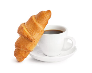 Croissant with coffee mug on white background