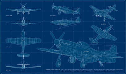  American long-range, single-seat fighter and fighter-bomber used during World War II and the Korean War. Aircraft blueprint with projections, isometry and perspective.