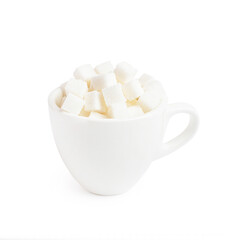 Fototapeta na wymiar white mug for coffee with sugar cubes on a white isolated background