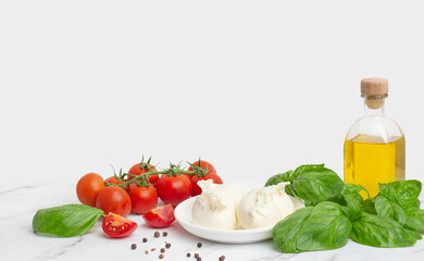 Mozzarella with tomatoes, butter and basil on a white background