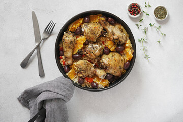 Basque chicken stew with peppers, olives, thyme and oranges close-up in a frying pan on the table. top view