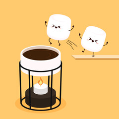 Illustration of chocolate fondue. Chocolate fondue and marshmallows vector. Marshmallows mascot vector.
