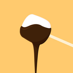 Marshmallows with chocolate on a wooden stick on a white background. Sweet gingerbread, traditional food, dessert.