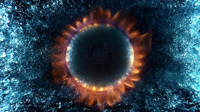 Hydrogen zero carbon emission energy as renewable resource alternative to LNG gas. Concept 3D animation loop of hot flames burning on water H2 bubbles background in a sustainable cycle of natural fuel