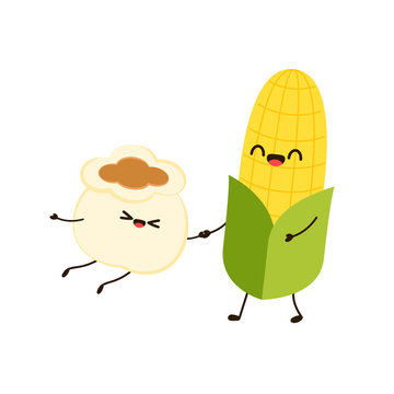 Corn and popcorn cartoon. Vector mascot, cartoon and illustration of a corn holding popcorn. Character design.