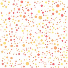 Pink, yellow, and orange stars and circles pattern on the white background. Vector illustration.