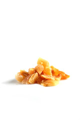a pile of candied cantaloup isolated on white background. Image contains copy space