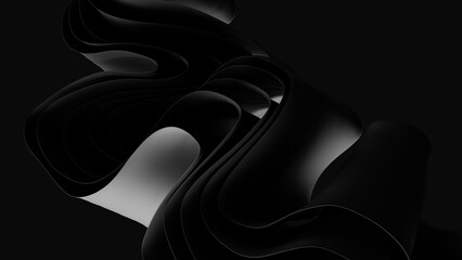 Abstract cloth black background. Smooth curvy layers wallpaper. 3d rendering