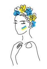 Ukraine woman face line art drawing with flower wreath and ukrainian flag on a cheek. Modern continuous line vector illustration of woman head with wreath