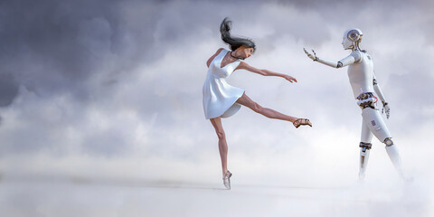 Fototapeta na wymiar human dancer with dancing robot between clouds