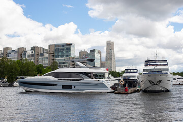 View in the port on the big yacht, Moscow River