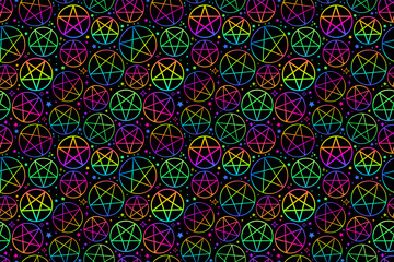 seamless pattern of neon pentagrams on black background