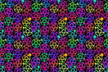 seamless pattern of neon pentagrams on black background