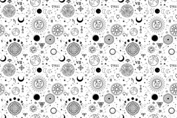 seamless pattern with alchemical and space elements