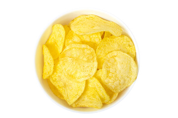 Fototapeta na wymiar Natural potato chips in white ceramic bowl isolated on white background, top view